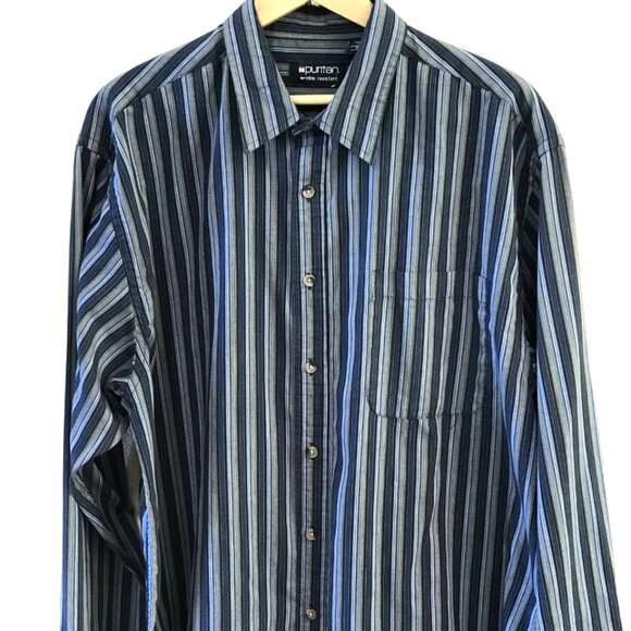 Puritan Striped Button-Down Shirt: Lightweight Blue Green, Mens LT 42/44 - Picture 9 of 10